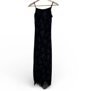 Vintage Y2K 90s Maxi Dress Size Small Dark Blue Sheer Floral Glitter HOCO Fairy